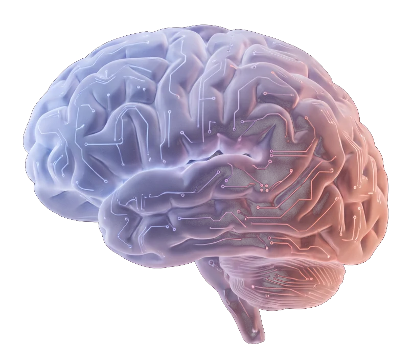 A glass brain etched with circuit traces