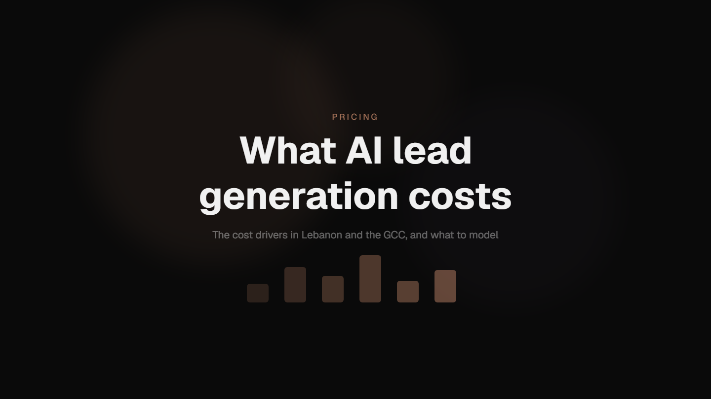 Diagram of outbound lead generation cost: four cost lines — data and enrichment priced per contact, software seats priced per seat, sending setup, and human reply review — above a sent, accepted, replied, booked funnel, with list quality shown as a multiplier across all four lines.