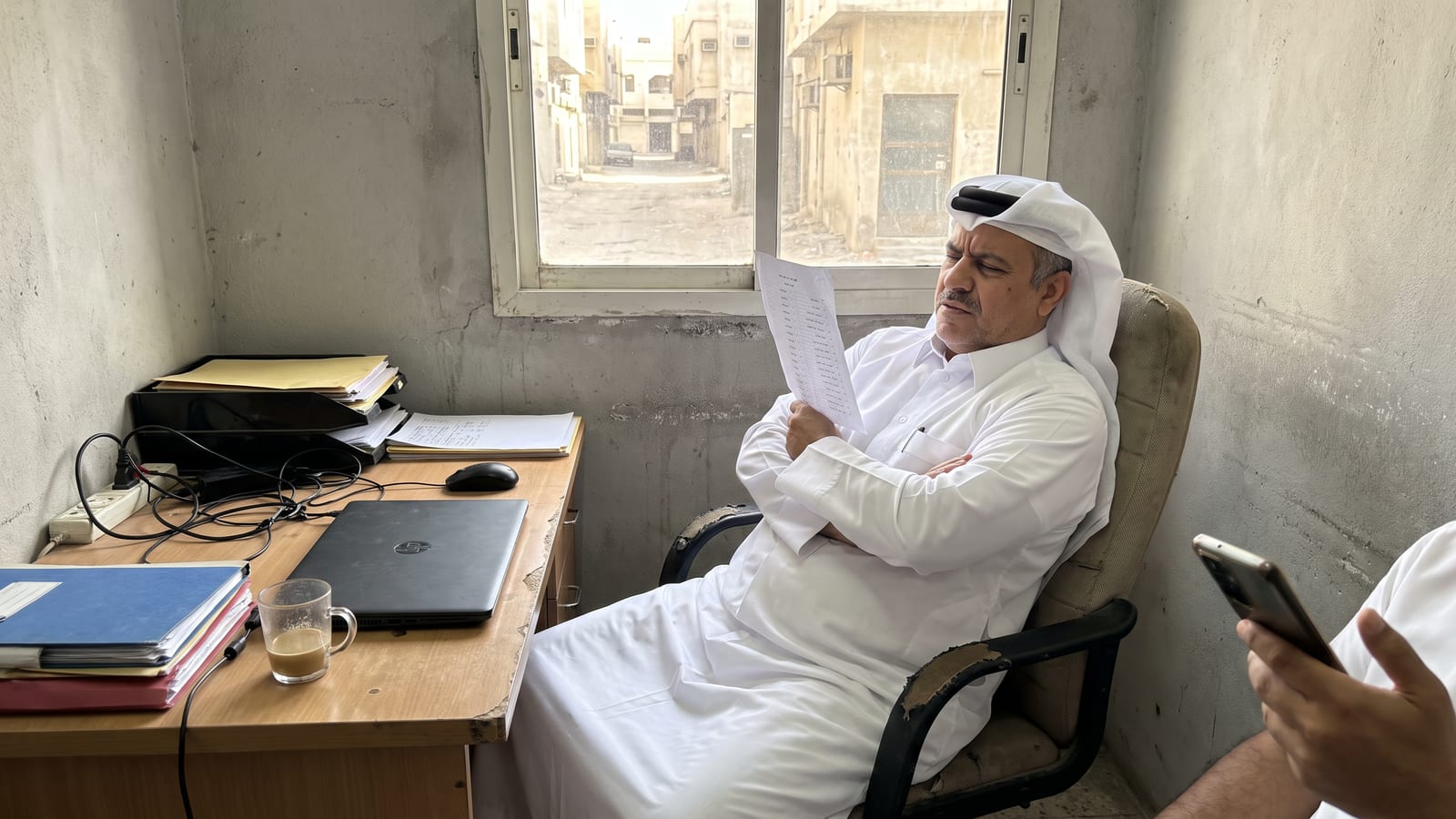 A business owner in a Doha office reviews a vendor shortlist, weighing how to choose an AI agency in Qatar.