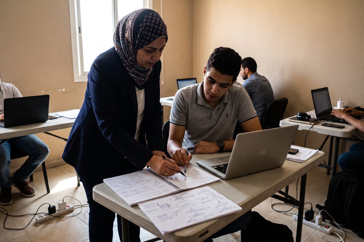 A small operations team in a Doha co-working space maps out a live AI system workflow together.