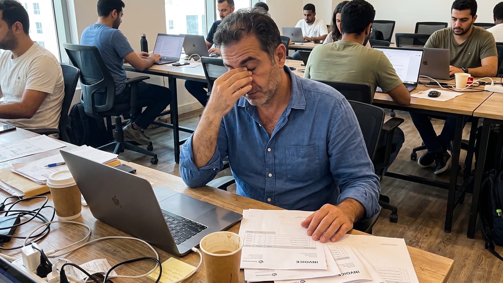 A man surrounded by stacked invoices at a Dubai co-working desk, illustrating the manual workload an AI automation agency replaces.