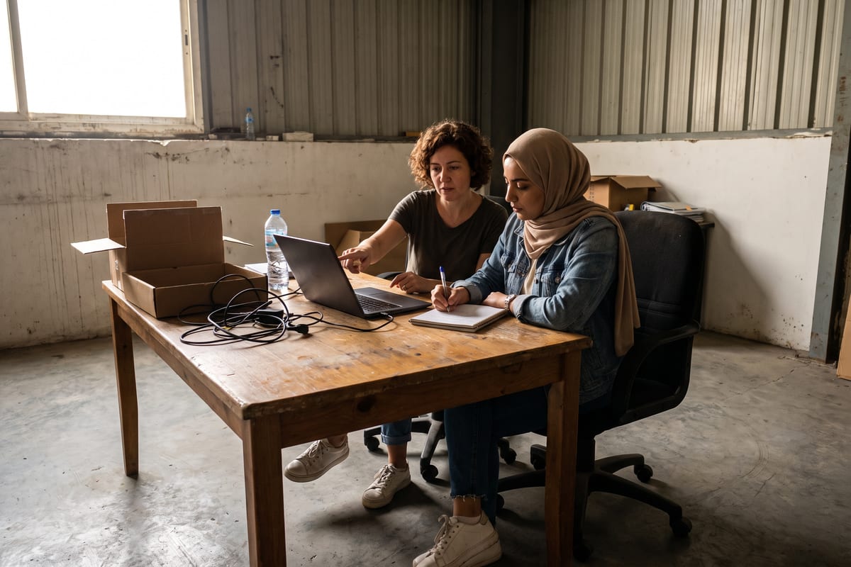 Two colleagues reviewing an automation workflow on a laptop in a Dubai warehouse office, representing AI automation agency project work.