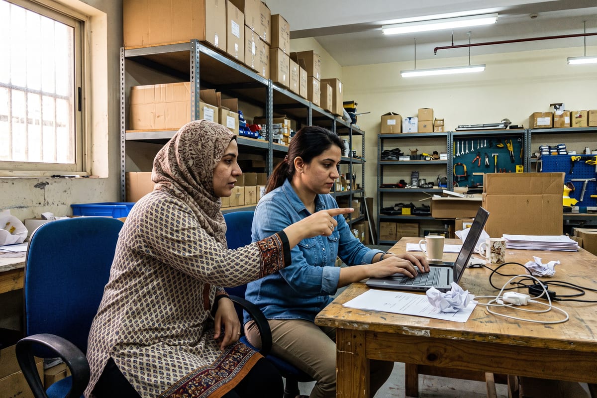 Two women work through a scored prospect list together in a small Dubai office, illustrating the human review stage of AI lead generation.