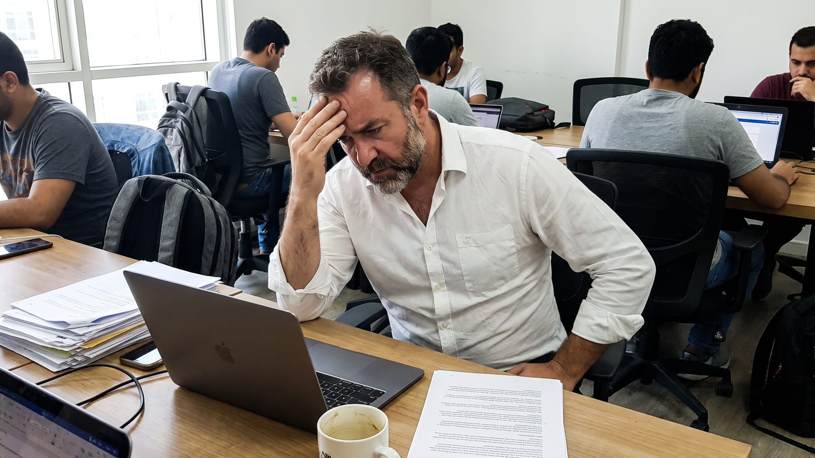A founder at a Dubai co-working desk reviews materials before hiring AI app developers, looking uncertain amid scattered papers.