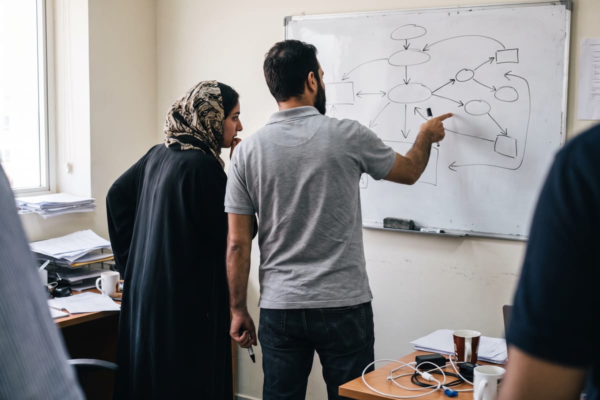 A small team at a Dubai office whiteboard maps out AI app logic, working through the details of a production-ready build.