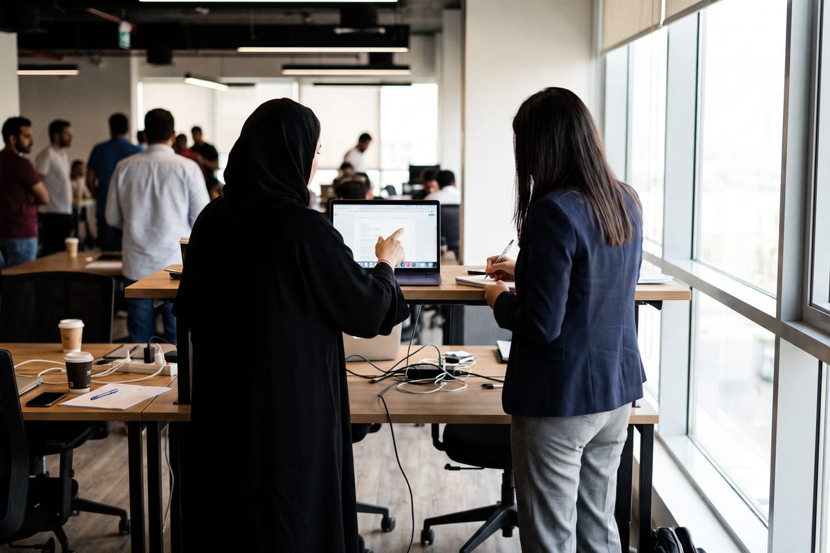 Two team members at a Riyadh co-working space work through a live AI system built by their Saudi AI agency.