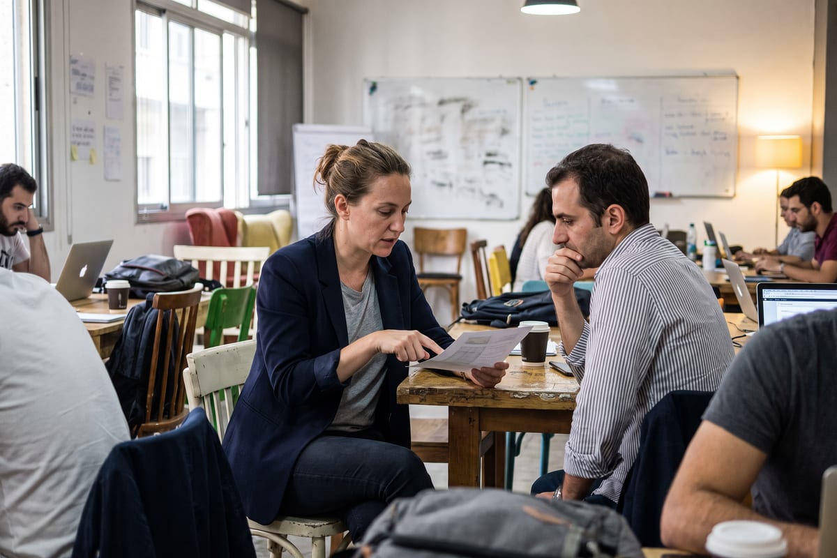 Two professionals in a Beirut co-working space reviewing lead generation criteria together during a supplier evaluation meeting.