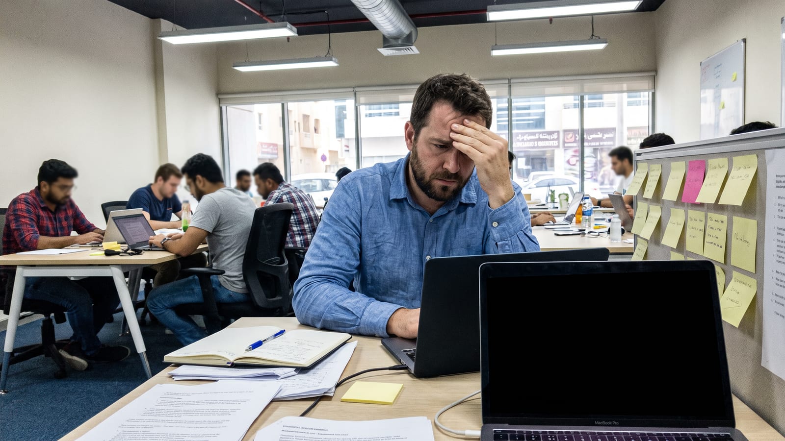A man at a busy co-working desk in Dubai surrounded by papers and two laptops, reflecting the complexity of managing disconnected AI tools.