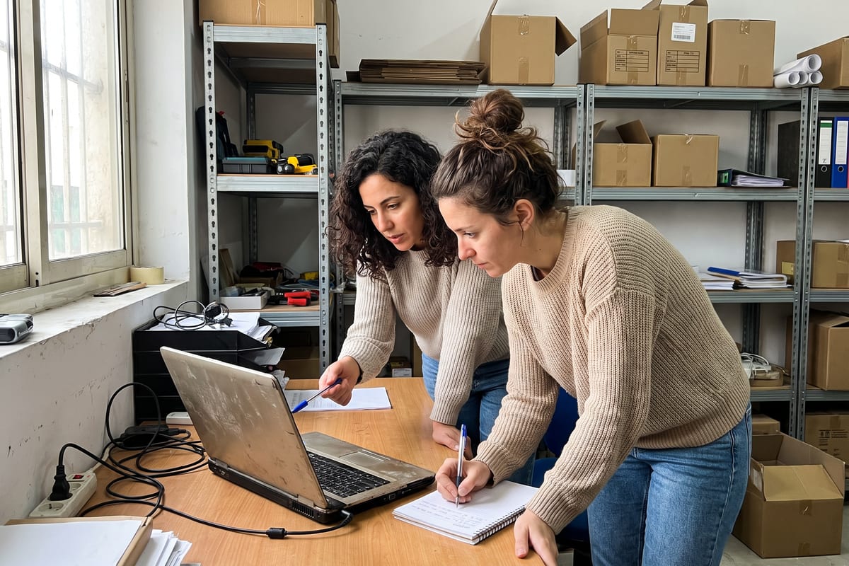 Two colleagues reviewing an AI operating system workflow on a laptop in a modest Dubai warehouse office.