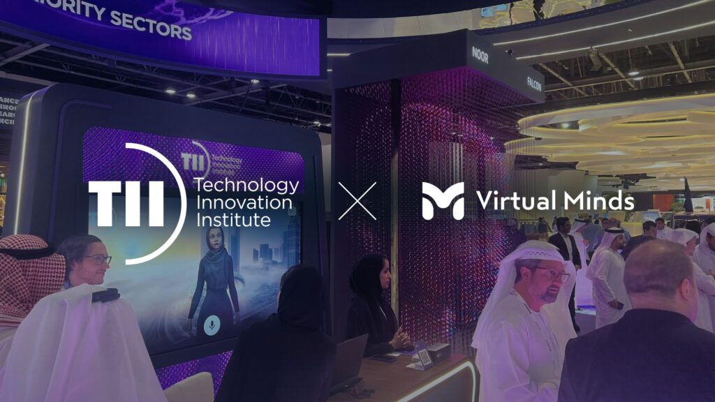Background: People in UAE Trying the Noor LLM From TII using the 3D AI Character developed by Virtual Minds Overlay: TII Logo and Virtual Minds Logo