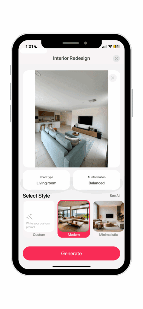 Room AI app interface showing a living room photo with style options like Modern and Minimalistic, allowing users to select design styles to reimagine their space instantly.