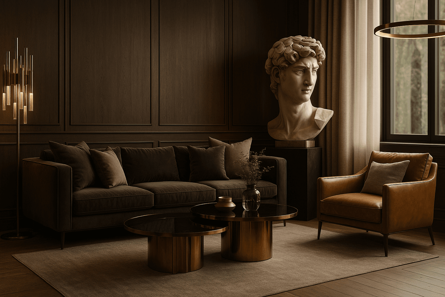 Luxurious modern living room with dark sofa, gold-accented coffee tables, and dramatic art, showcasing stylish interior design ideas to inspire reimagining your space.