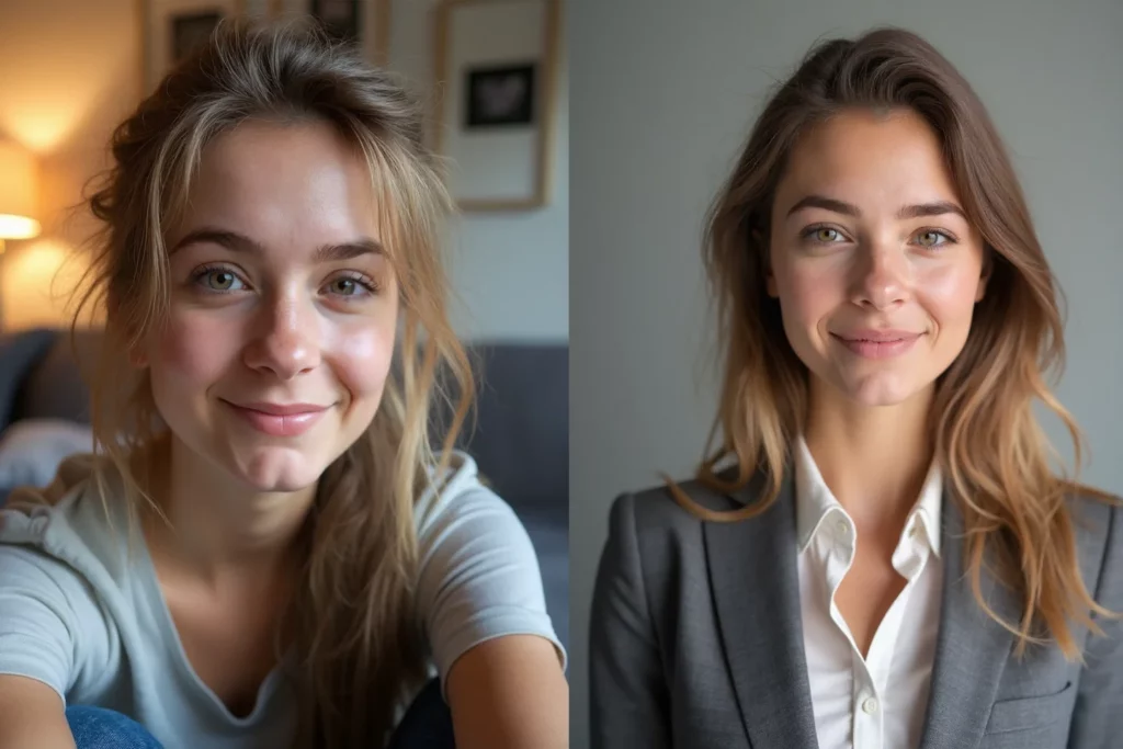 Comparison of a casual selfie vs a professional headshot from Reshot AI