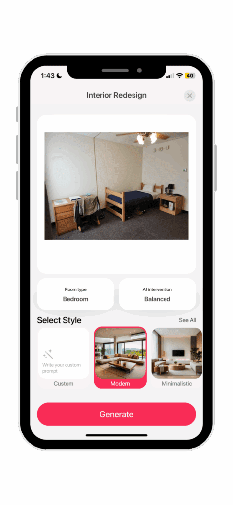 The Interior Redesign Panel in the room ai app, wants to redesign a dorm room