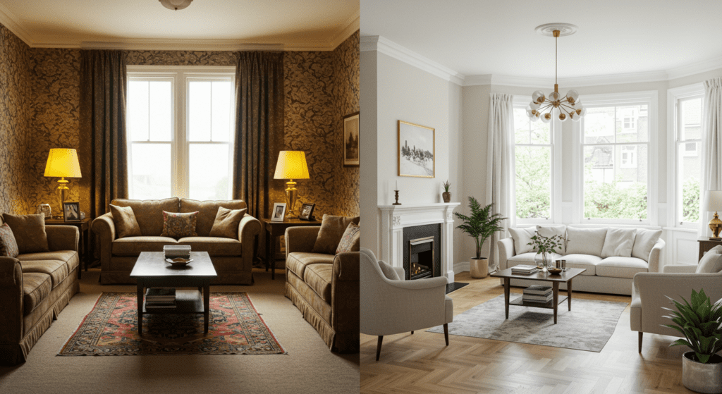 Before and after image of a living room remodel designed using Interio AI, showing the transformation from outdated interior design to a modern, minimalist space—ideal for showcasing the impact of a remodel architect with no prior experience.