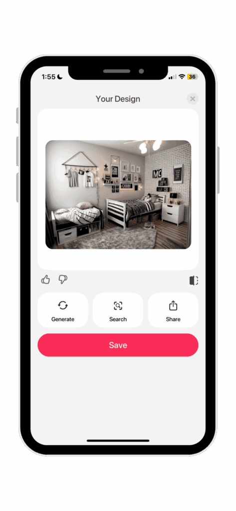 the results from using the interior redesign feature in room ai
