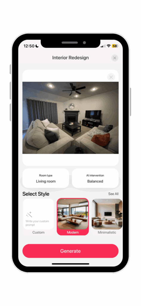 Generate A room redesign with interio ai
