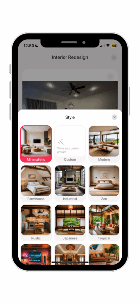 Choose between Endless styles on the interior design app, interio ai