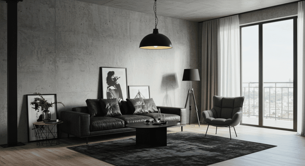 Modern urban minimalist living room created using Room AI, with dark tones, concrete walls, black leather furniture, and panoramic window views.