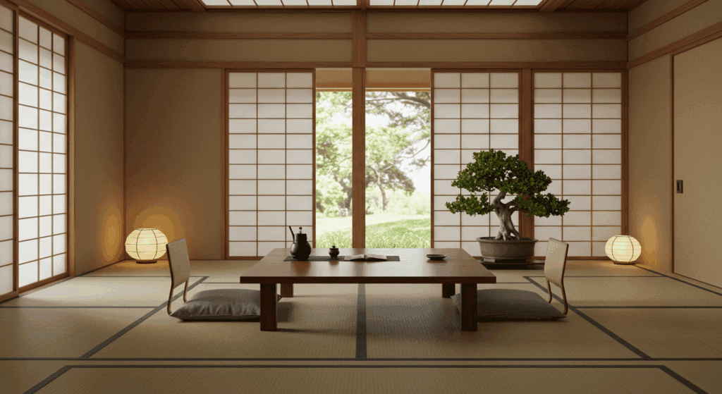 Japanese inspired minimalist living room designed with Room AI, showcasing tatami mats, low wooden furniture, paper shoji screens, and a calm natural aesthetic.