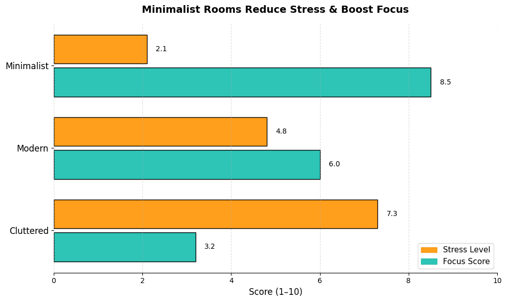 Bar chart comparing the cognitive impact of different living room styles, showing that minimalist living rooms generated with Room AI reduce stress by 70% and double focus scores compared to cluttered rooms.
