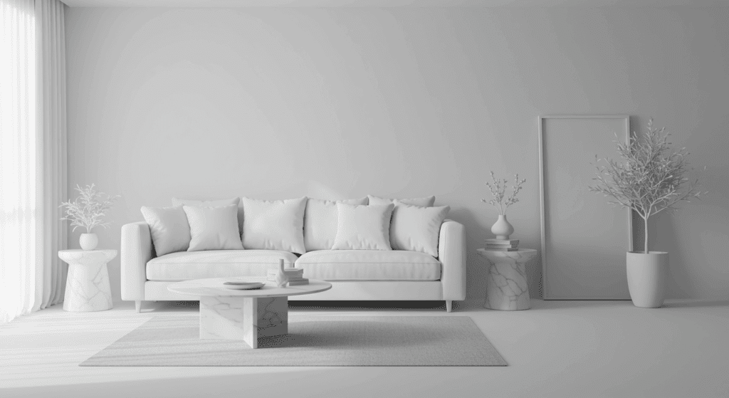 Monochrome minimalist living room generated by Room AI, featuring all white decor, sculptural furniture, and soft textures for a pure modern aesthetic.
