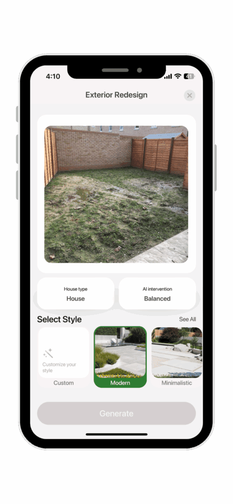 an empty backyard, that will get redesigned with the app garden ai