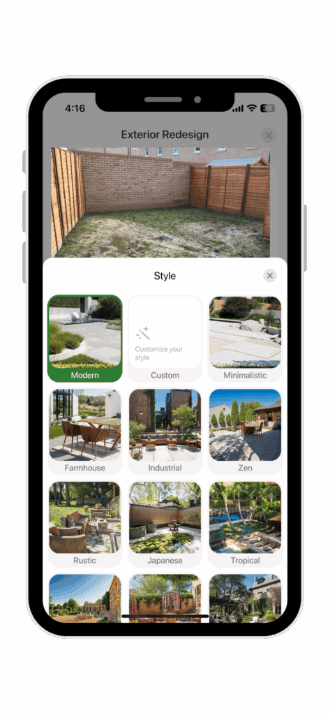 The styles section in the garden ai app