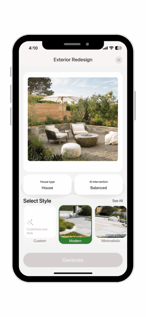A smartphone displays an AI patio design app called "Exterior Redesign." The app shows a re-designed backyard patio with a fire pit area, and options to select "House type" (House), "AI intervention" (Balanced), and various design styles, with "Modern" highlighted.