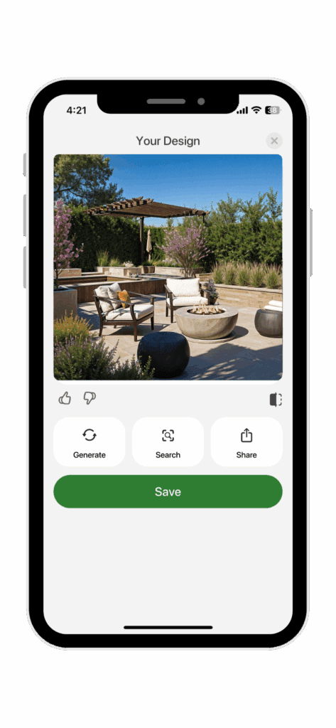 "The 'Your Design' screen of an AI patio design app on an iPhone, showcasing a completed modern patio with a fire pit. Buttons for 'Generate,' 'Search,' 'Share,' and 'Save' are at the bottom."
