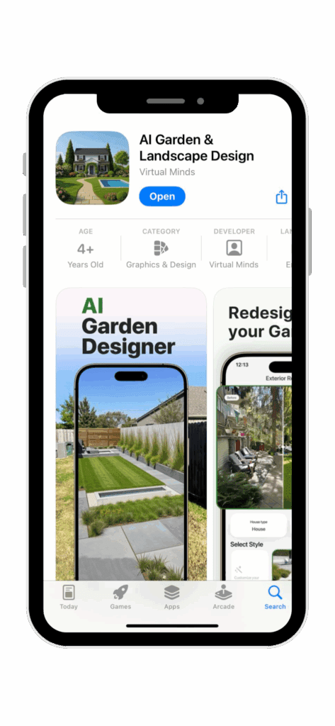 App Store screenshot showing the “AI Garden & Landscape Design” app by Virtual Minds. At the top is the app icon (a stylized house with a green lawn, path, and pool), the title “AI Garden & Landscape Design,” developer name, and an “Open” button. Below are two phone mockups: on the left, a modern backyard rendered with neat lawn, paving stones, and “AI Garden Designer” text; on the right, a split before-and-after view of an outdoor patio makeover with chairs, plants, and new flooring.