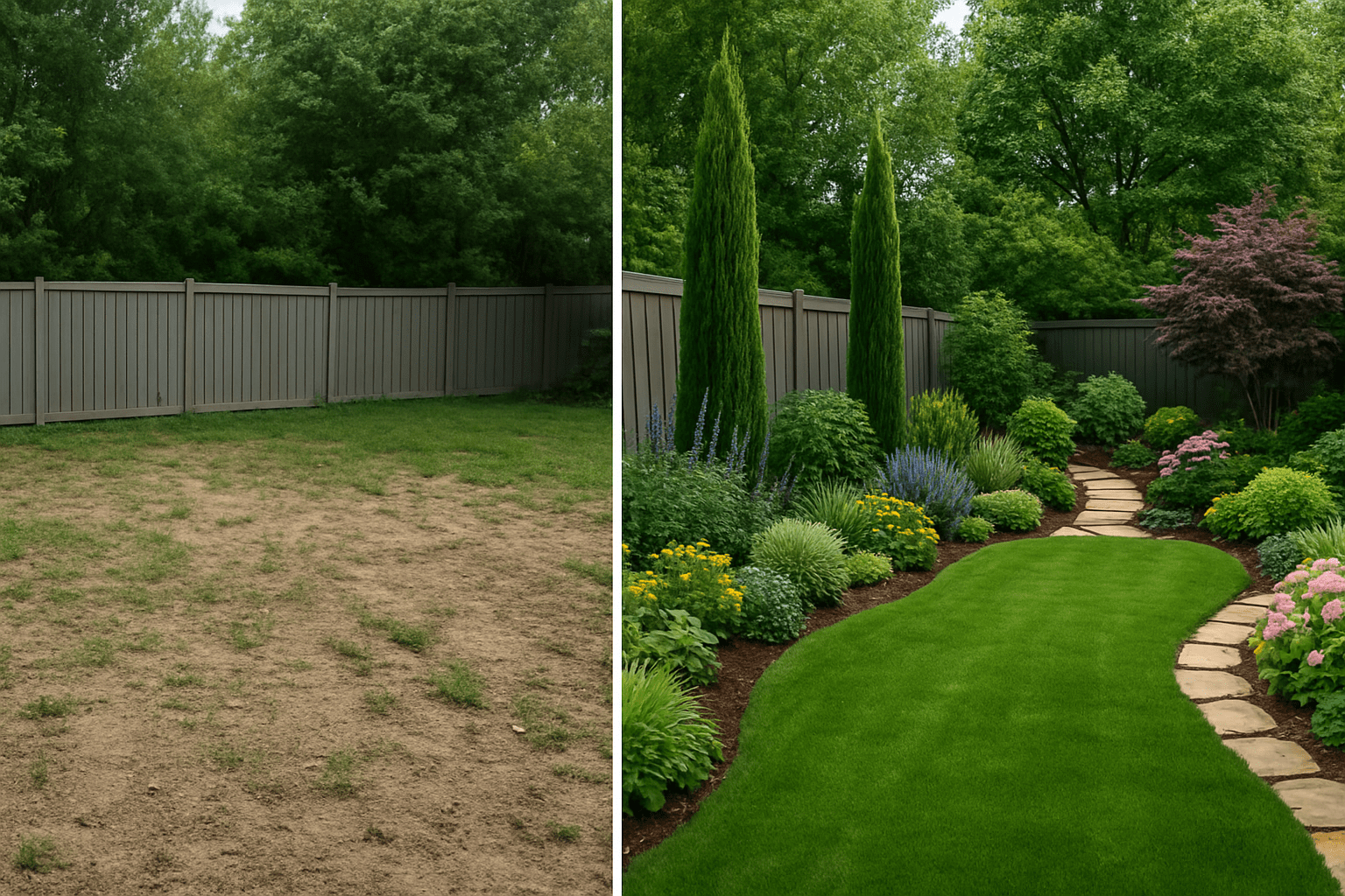 Side by side comparison of a backyard garden before and after transformation, showing a sparse lawn on the left and a lush, vibrant landscaped garden with stone pathway and colorful plants on the right.