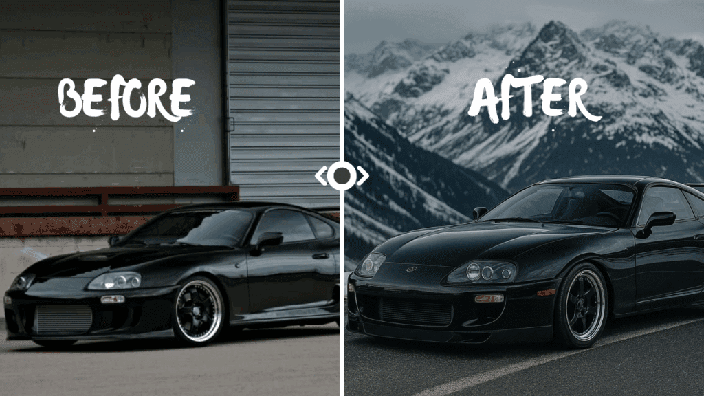A sleek black Toyota Supra MkIV parked in front of an industrial backdrop, showcasing the perfect example of customization and style achievable with an AI Car Design App for professional car photo enhancement and personalization.