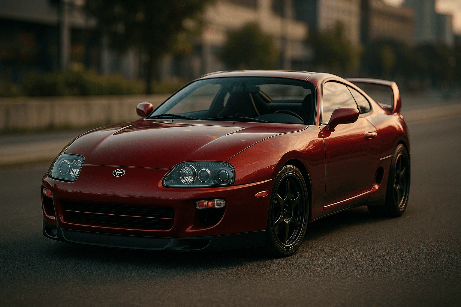A high-quality digital photo of a red Toyota Supra MkIV showcasing sleek styling and custom modifications, illustrating the power of an AI Car Design App to transform vehicle photos with professional-level edits and creative enhancements. 2/2