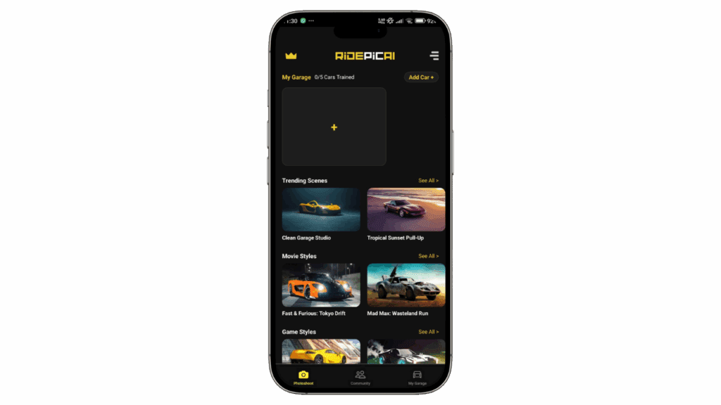 Screenshot of the RidePicAI app home panel showing the user interface for AI car photoshoots. The screen displays options for adding cars in “My Garage,” trending scenes like “Clean Garage Studio” and “Tropical Sunset Pull-Up,” movie styles including “Fast & Furious: Tokyo Drift” and “Mad Max: Wasteland Run,” and game styles. Navigation icons for Photoshoot, Community, and My Garage appear at the bottom. The app design features a sleek black and yellow color scheme.