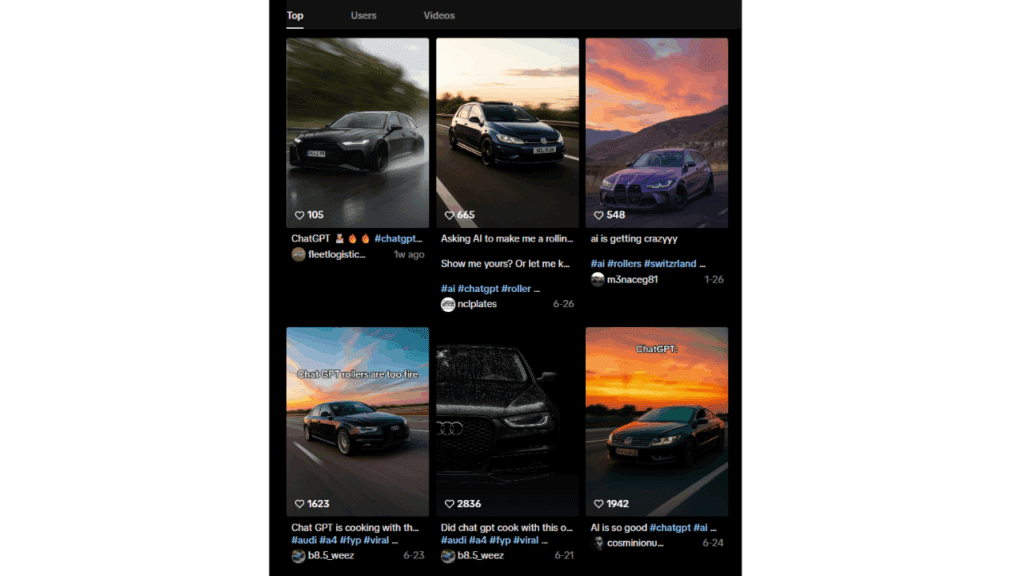 Screenshot of a TikTok page showing popular car videos featuring AI-generated or AI-enhanced car images. The videos include various luxury and sports cars driving on roads with vibrant backgrounds, sunset skies, and dynamic motion blur. Each video displays likes, usernames, captions referencing AI and ChatGPT, and hashtags related to AI, cars, and viral content. The TikTok interface shows tabs for Top, Users, and Videos at the top.